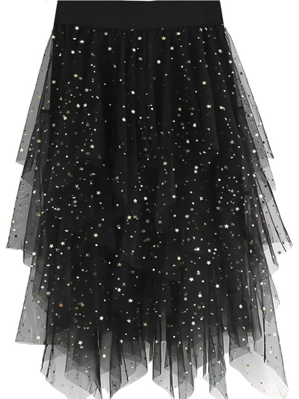 Women's Black Sequin High Waist Layered Tulle Mesh Ruffle Asymmetric Midi Skirt